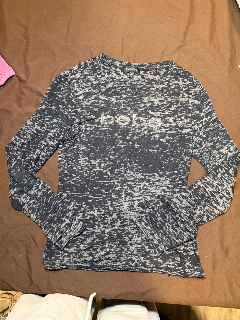 bebe Women's Navy and White Marled Long Sleeve Tee